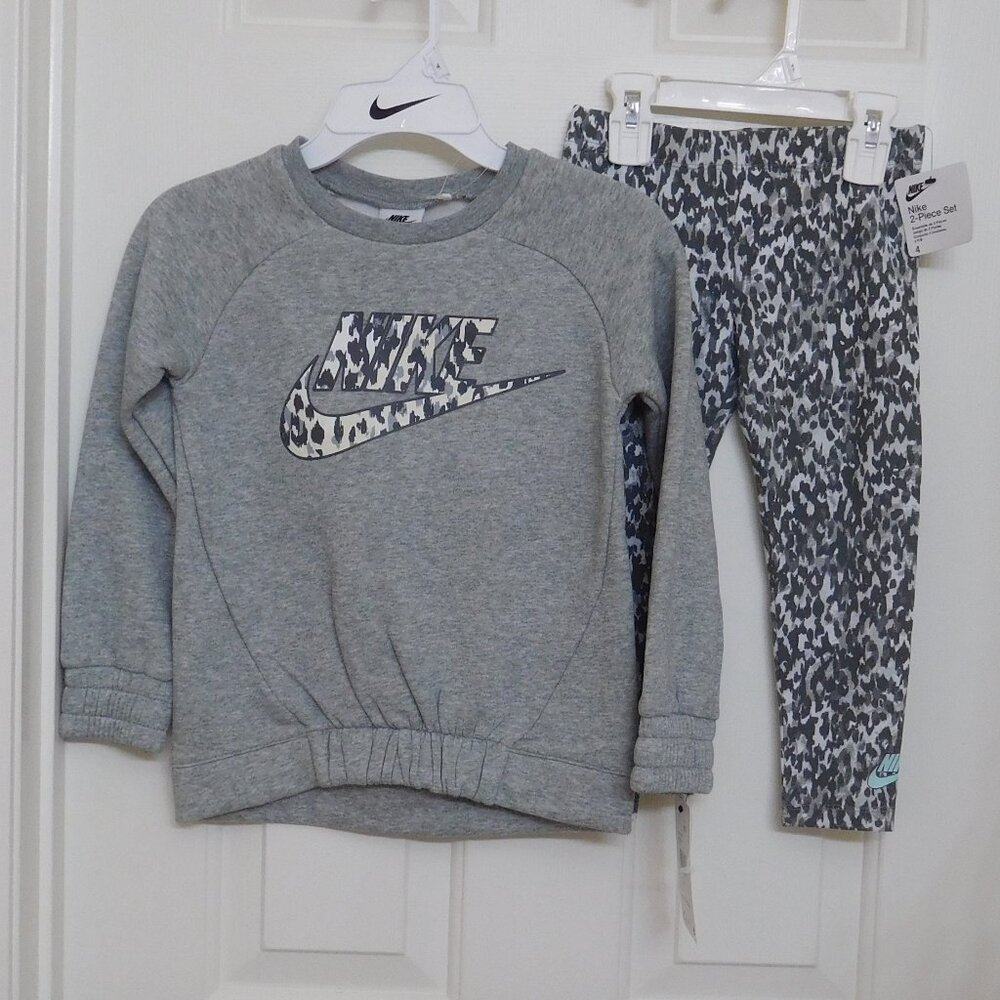 NWT 2pc Nike Gray Sweatshirt & Animal Print Leggings Set sz 4